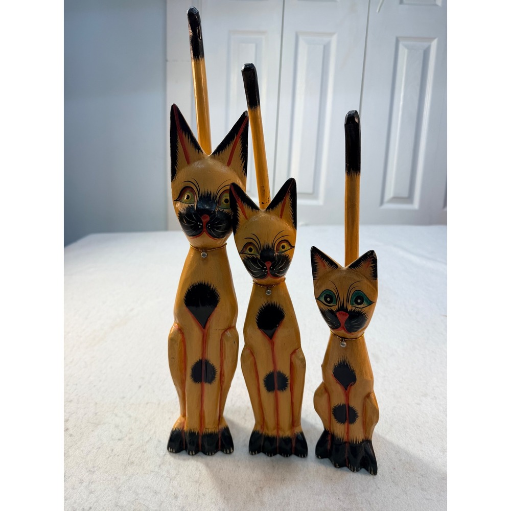 Vintage Hand Carved Wooden Cat Figurine Set of 3 Long Tail Folk Art Yellow Black